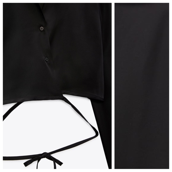 NWT. Zara Black Satin Long Sleeves Collared Cropped Shirt with Ties. Size S. - Picture 3 of 8